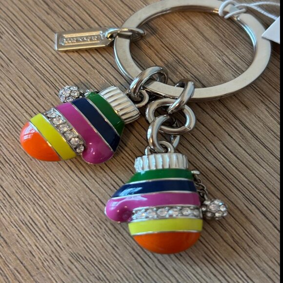 NWT Coach 93027 Multicolor Legacy Stripe Pave Crystal Mittens Key Ring Bag Charm - Picture 1 of 4